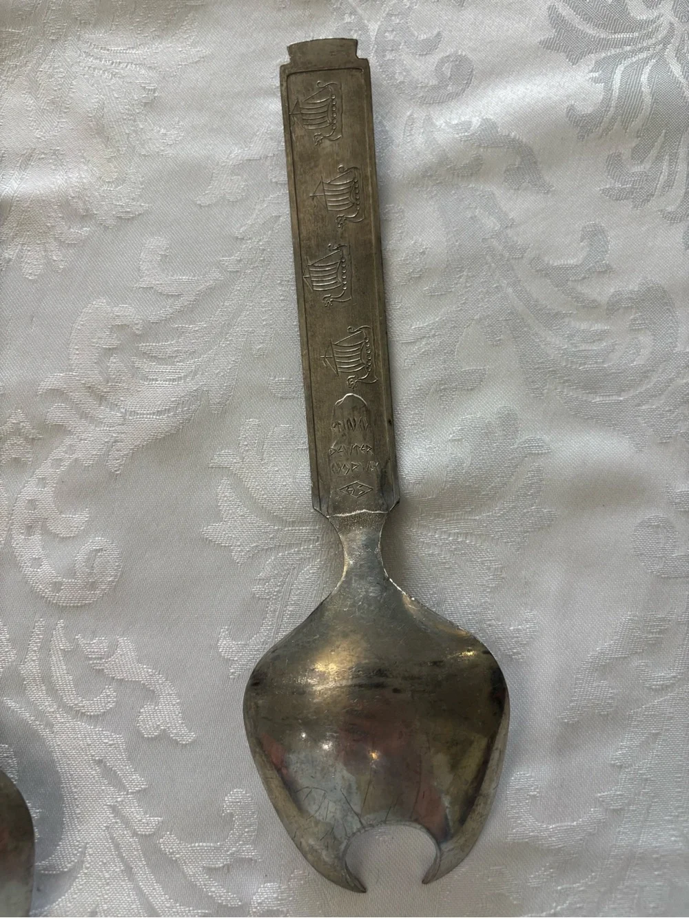 Vtg Konge Tinn Norwegian Pewter Salad Serving Set Viking Heilag Olav Spoons